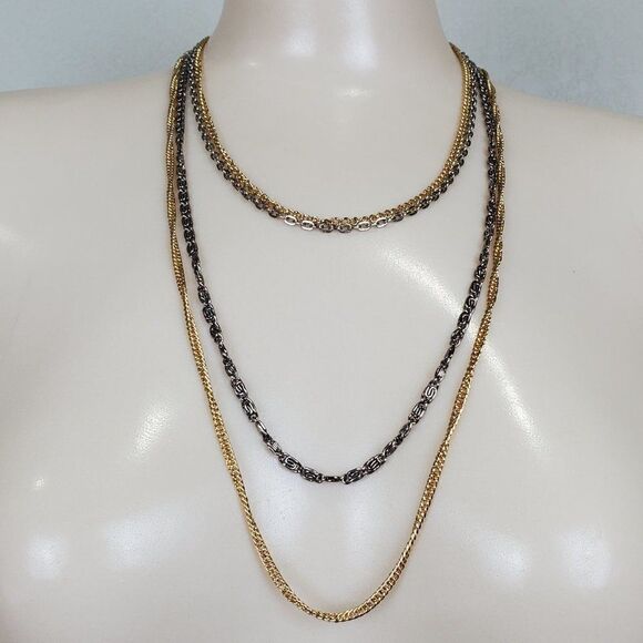 Vtg Graduated Gold Silver Tone Multi-strand Curb Rolo Chain Mixed Metal Necklace - Picture 2 of 9